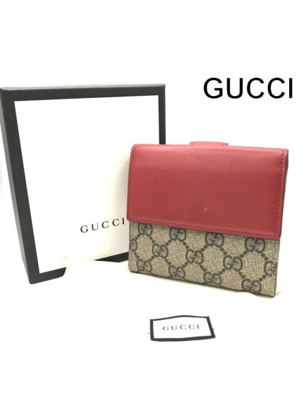 Gucci GG Supreme Compact Wallet Pattern Red Leather Coin Purse Billfold